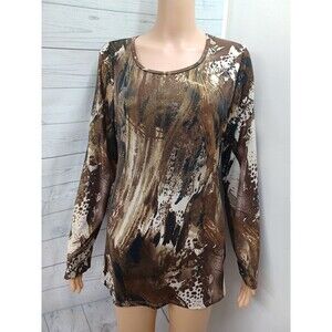 Cubism Grunge Women Top Sz M Abstract Long Sleeve Back Button Up Brown Gold